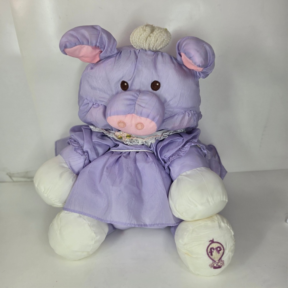 Vintage 1987 Fisher Price Puffalump Purple Pig Plush Nylon 8015 Dress Stuffed